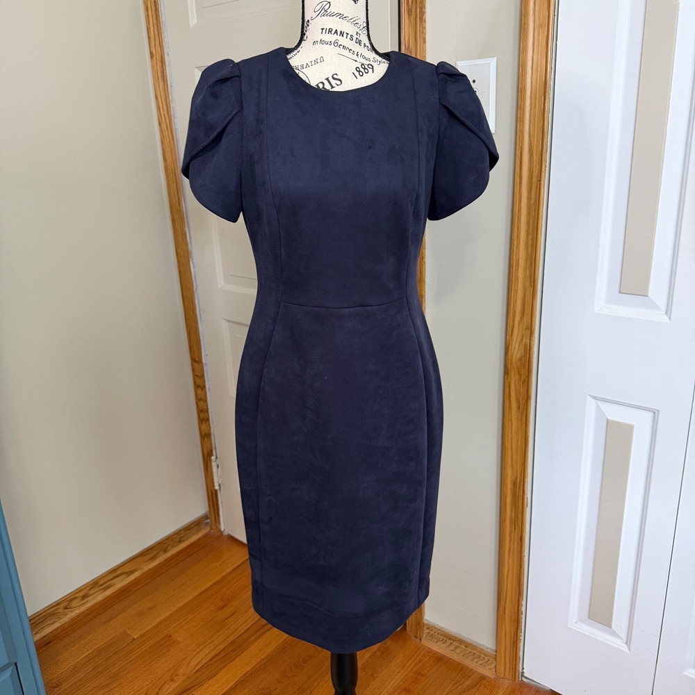 Calvin Klein Womens 8 Navy Faux Suede Tulip Sleeve Sheath Dress Minimal Feminine